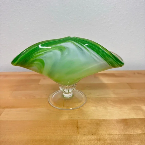 Murano Glass Pedestal Bowl Green Swirl Italian Art Glass Candy Dish